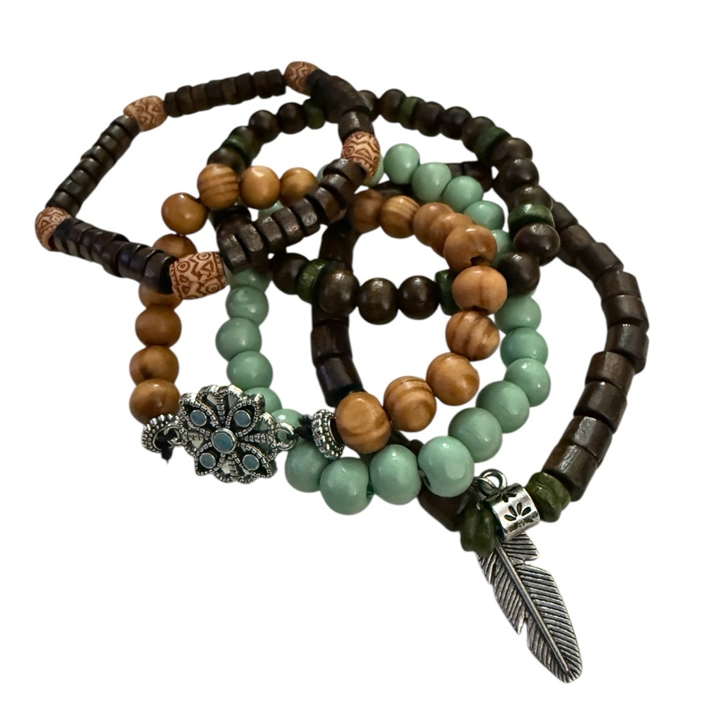 Bohemian Beaded Bracelet Set - Green, Brown, Silver tone